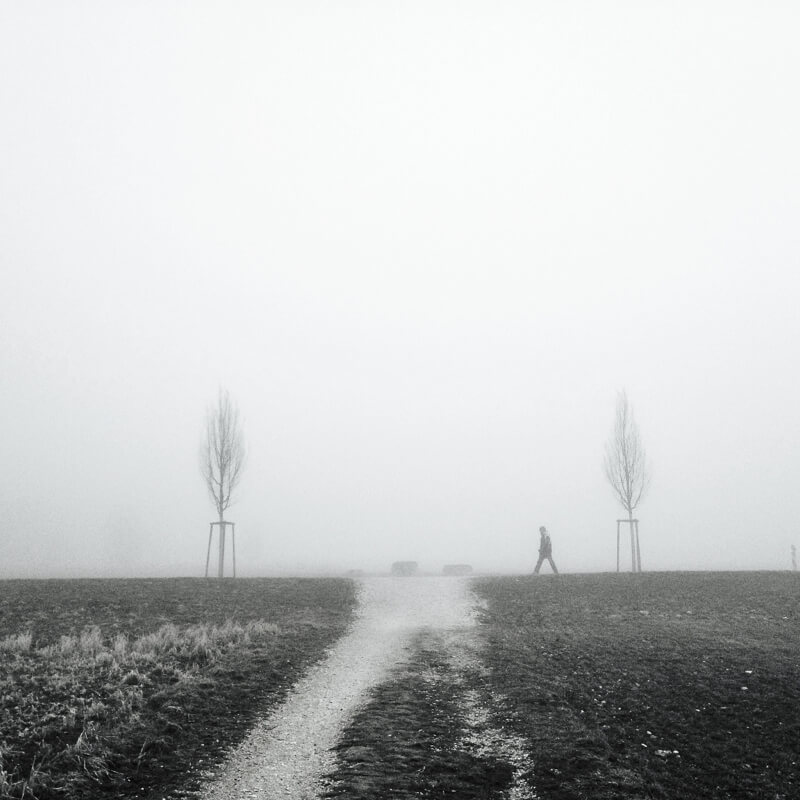 black and white man in the fog