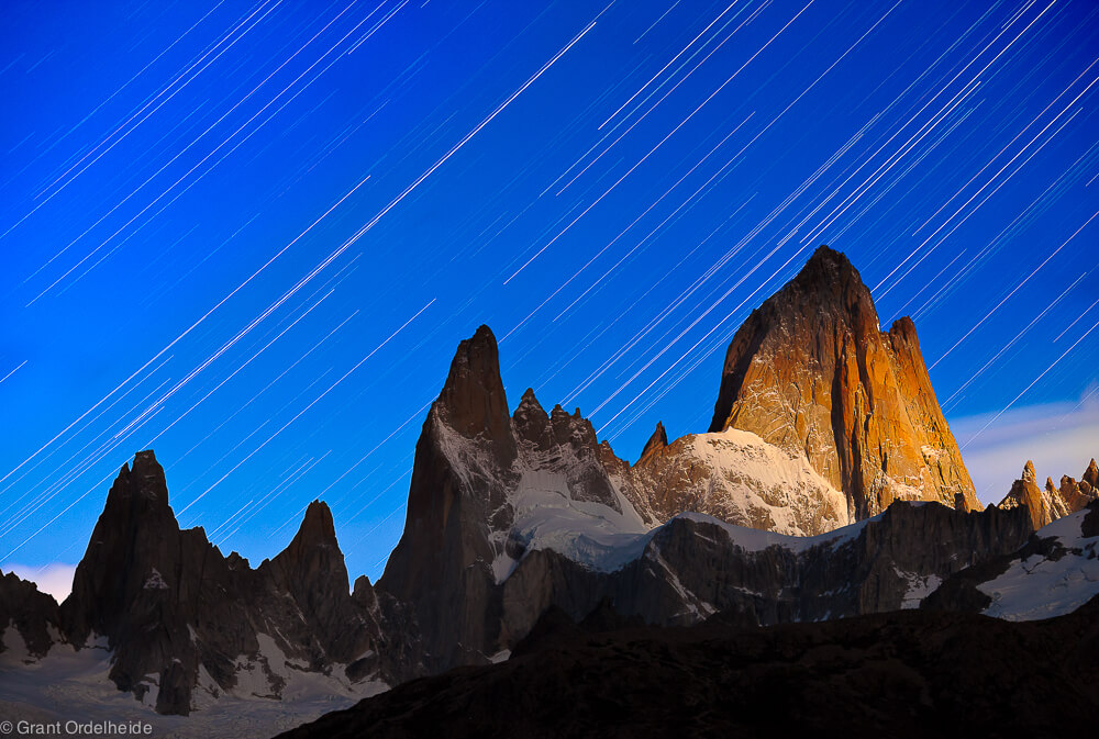 Star trails above a moonlit Mount Fitzroy.