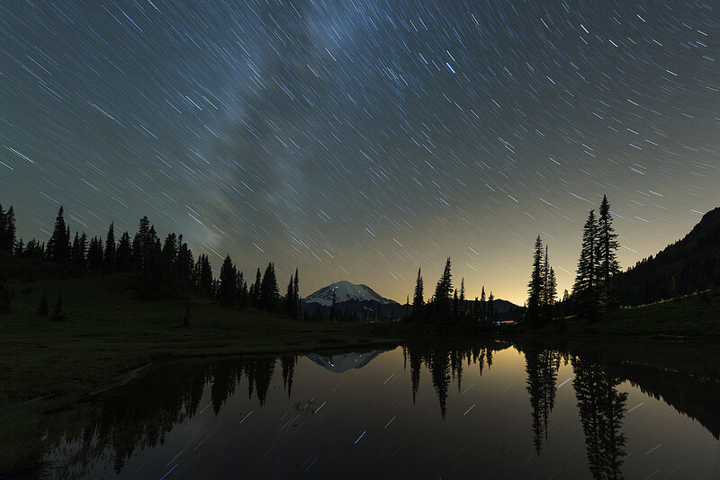 Star Trails reflected in Tipsoo Lake Mt Rainier