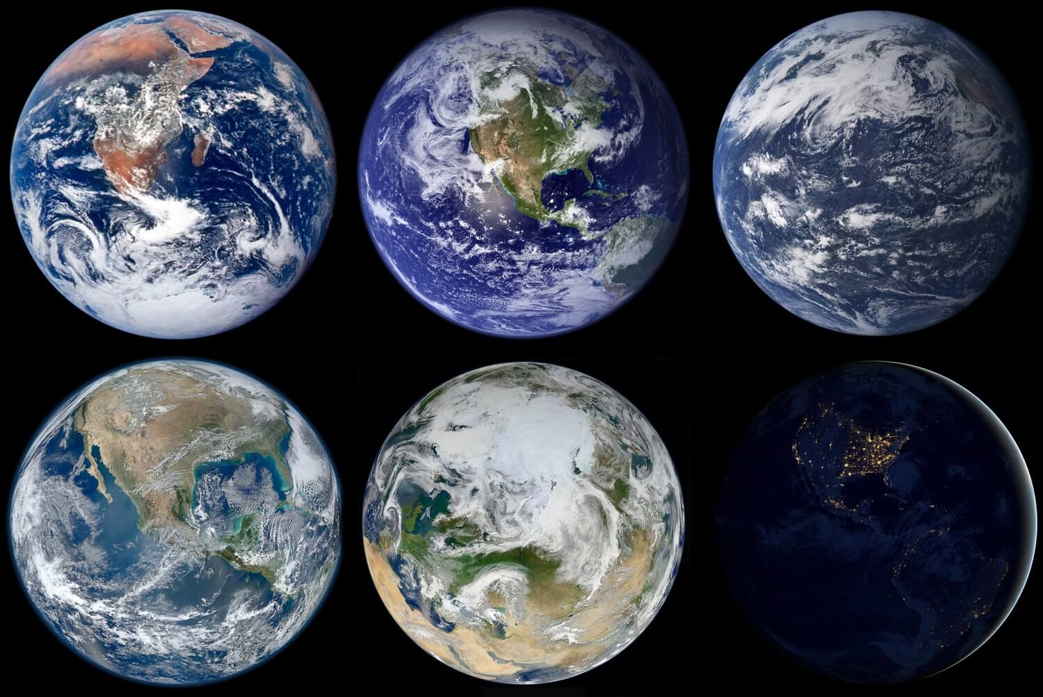 Earth: Blue Marble - Astronaut photograph 1972, Blue Marble 2002, Aqua Marble 2005, Blue Marble 2012, White Marble 2012, Black Marble 2012