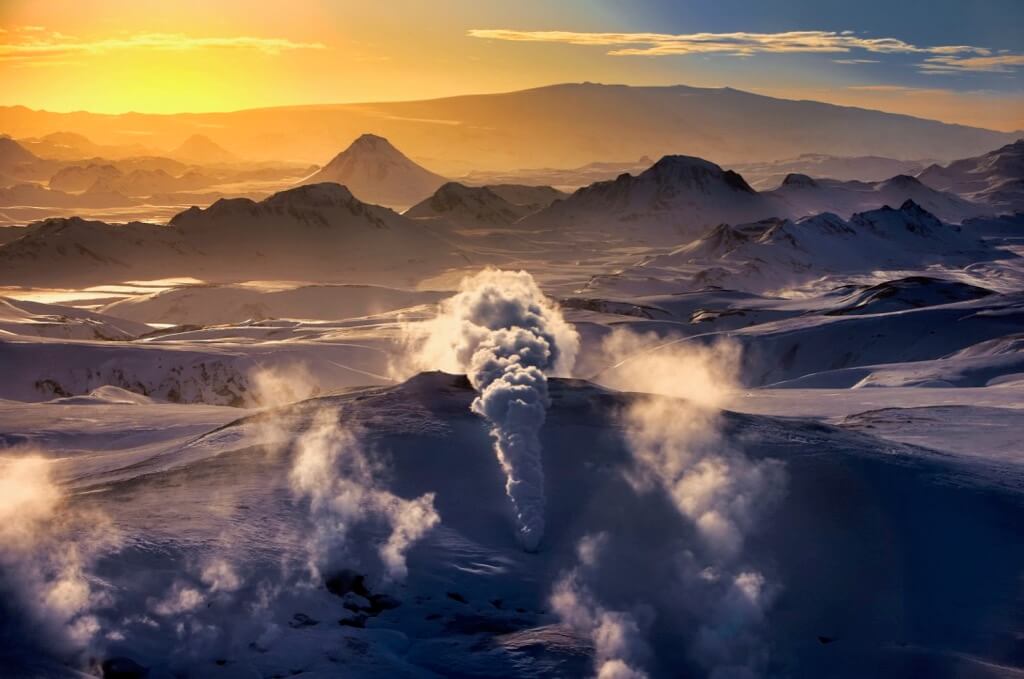 Ragnar TH Sigurdsson - Winter sunset, Geothermal Area steaming, Hrafntinnusker, Central Highlands, Iceland