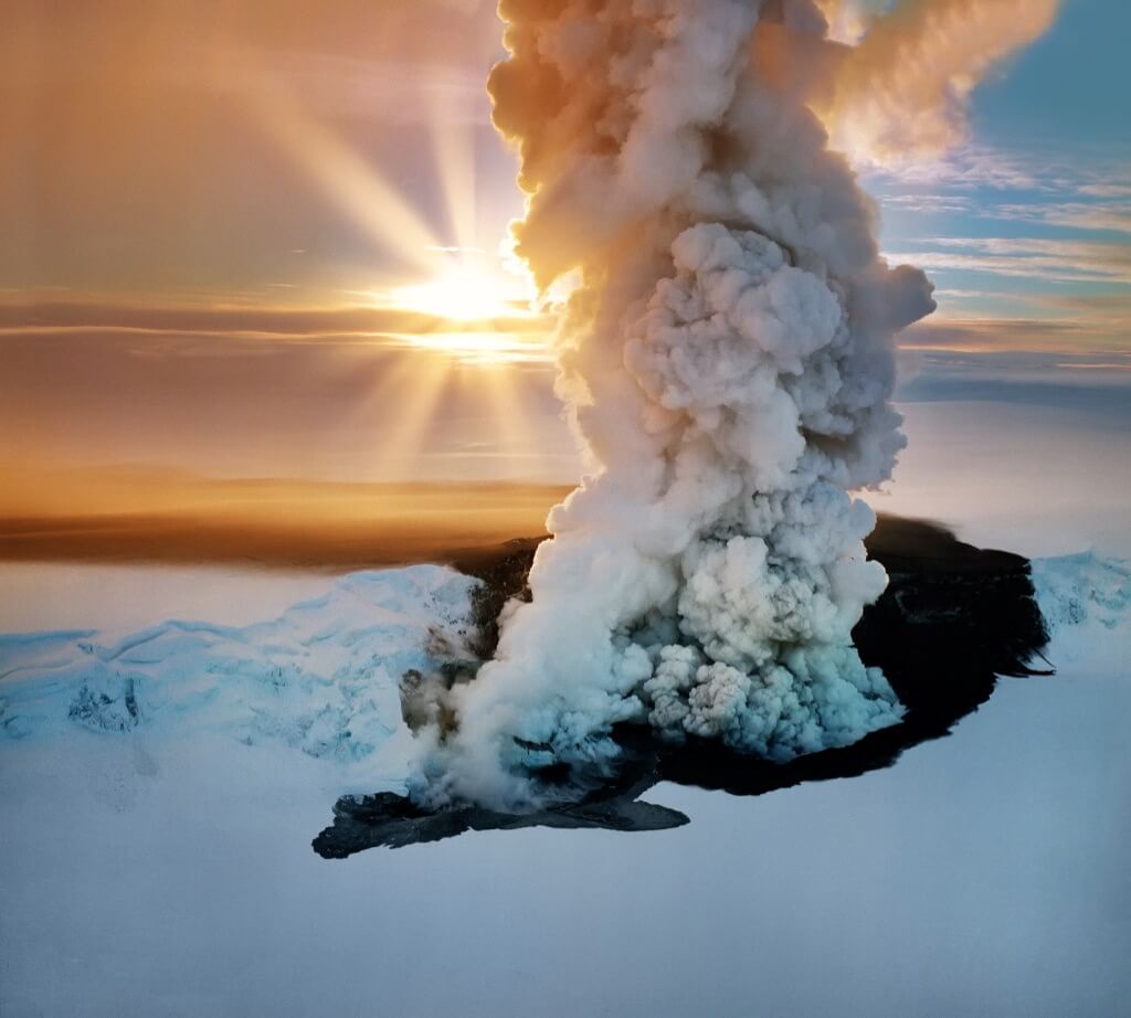 Ragnar TH Sigurdsson - Winter sunset with Grimsvatn Volcano Erupting, Vatnajokull Ice Cap, Vatnajokull National Park, Unesco World Heritage Site, Iceland