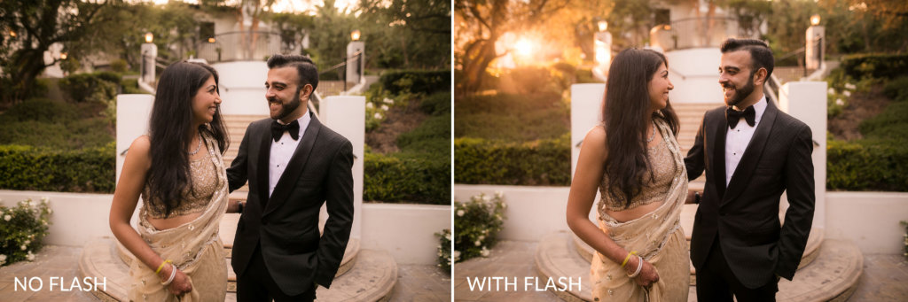 couple poses for before and after photos to recreate golden hour